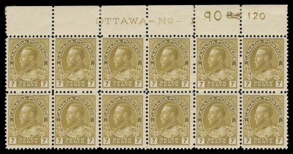 ADMIRAL STAMPS  113b shade,A remarkable Plate 1 block of twelve with initial printing order number "85" defaced by hand-punching and new number "120" at right, amazing colour both quite distinctive and unusual for this stamp, with some similarities to the sage green shade; a few split perfs in margin, all twelve stamps NEVER HINGED. A beautiful and very scarce plate block ideal for the shade enthusiast, F-VF (Unitrade cat. $10,200)Provenance: C.M. Jephcott, Maresch Sale 241, June 1990; Lot 818The "Lindemann" Collection (private treaty, circa. 1997)