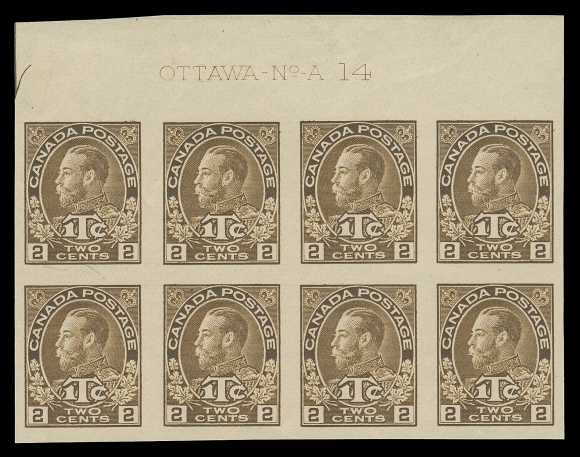 ADMIRAL STAMPS  MR4b,A very rare plate 14 imperforate block of eight showing full inscription and portion of guide arrow at top left, ungummed as issued, VF; ex. C.M. Jephcott (private sale, circa. 1980s)