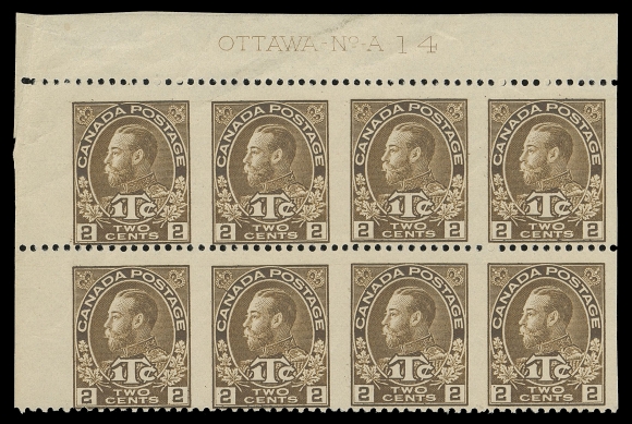 ADMIRAL STAMPS  MR4ii,A corner plate 14 block of eight imperforate vertically with complete imprint, some creasing mostly confined to margins; typical centering, a very rare plate block, Fine; ex. C.M. Jephcott (private sale circa. 1980s)