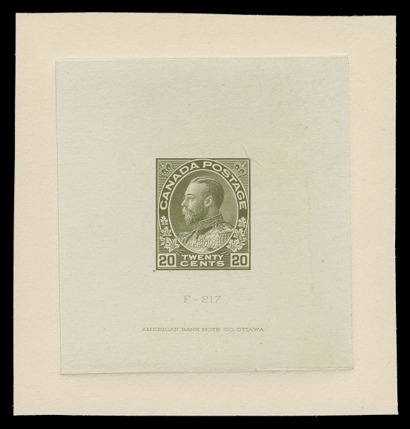 ADMIRAL PROOFS  119,Die Proof in issued colour on india paper 55 x 59mm, die sunk on card 72 x 75mm; the hardened die showing ABNC imprint (23.5mm wide) and die number "F-217" below design, choice and VF (Minuse & Pratt 119 A P1)