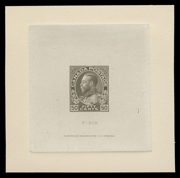 ADMIRAL PROOFS  120,Die Proof in the issued colour of the re-engraved die of 1925 on india paper 56 x 58mm, die sunk on slightly larger card 77 x 77mm; the hardened die showing ABNC imprint (23.5mm wide) and die number "F-219" below design, VF and attractive (Minuse & Pratt 119 A P1)