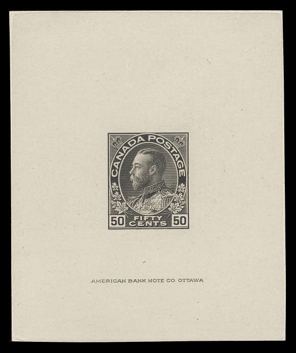 ADMIRAL PROOFS  120,Die Proof printed in the issued colour, the first printing colour on india paper 61 x 73mm mounted on nearly same-size card, showing full die sinkage area; the unhardened die without die number but with larger ABNC imprint (25mm wide) below design. A very scarce proof, VF (Minuse & Pratt 120 B TC2a)