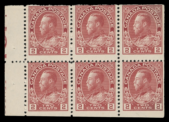 ADMIRAL STAMPS  106aiv - Plate 16,An extremely rare mint booklet pane of six from Plate 16 showing partial (as normally seen) "OTTAWA TOP" imprint reading up in tab at left, different than Plate 15 as imprint is positioned noticeably lower than the one found on OTTAWA TOP imprint from Plate 15; centered high, bright colour with full original gum, NEVER HINGED. One of the great rarities of Admiral booklet panes, Fine NHProvenance: Robert Bayes (private treaty, 1996), Item 116Unitrade does not list separate retail prices for Plates 15 and Plate 16. Plate 16 is noticeably rarer with a ratio of about 1 to 5. According to one expert, only three 2c carmine booklet pane with imprint of Plate 16 have been recorded.