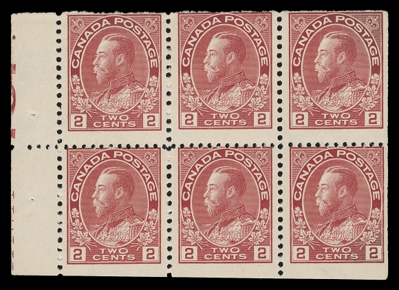 ADMIRAL STAMPS 106aiv - Plate 16,An extremely rare mint booklet pane of six from Plate 16 showing partial (as normally seen) "OTTAWA TOP" imprint reading up in tab at left, different than Plate 15 as imprint is positioned noticeably lower than the one found on OTTAWA TOP imprint from Plate 15; centered high, bright colour with full original gum, NEVER HINGED. One of the great rarities of Admiral booklet panes, Fine NH
Provenance: Robert Bayes (private treaty, 1996), Item 116
Unitrade does not list separate retail prices for Plates 15 and Plate 16. Plate 16 is noticeably rarer with a ratio of about 1 to 5. According to one expert, only three 2c carmine booklet pane with imprint of Plate 16 have been recorded.
