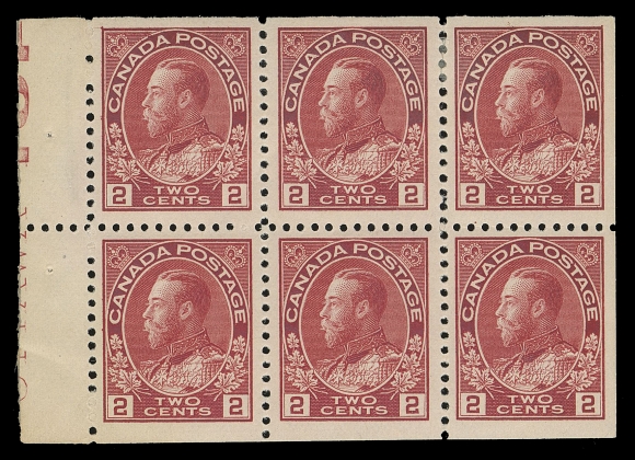 ADMIRAL STAMPS  106aiv - Plate 15,A rare mint booklet pane of six from Plate 15 showing normally seen portion of "OTTAWA TOP" imprint (reading up) in tab at left, natural diagonal gum crease and hint of yellowing at left, showing superior centering unlike most existing panes, a couple split perfs at top right. About a dozen OTTAWA TOP imprint panes from Plate 15 have been reported; this is one of the best centered panes available, VF LHProvenance: Alfred Cook Collection of Admiral Booklets, Sissons Sale 496, November 1989; Lot 313The "Lindemann" Collection (private treaty, circa. 1997)