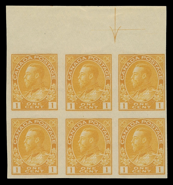 ADMIRAL STAMPS  136,A stunning mint interpanneau block of six (3x2) "straddling" the UL and UR panes, showing the complete guide arrow above top right pair - presumably from Plate 179 as it shows the additional horizontal guideline through the arrow. A very rare interpanneau multiple ideal for the specialist, VF NHProvenance: Abe Charkow, Eastern Auctions, August 1995; Lot 756
