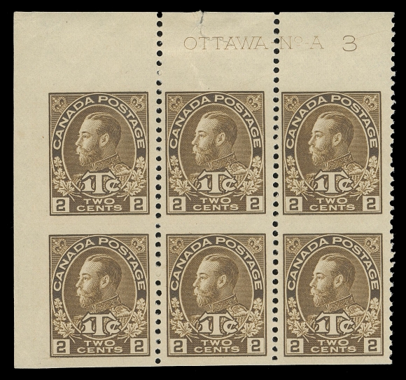 ADMIRAL STAMPS  MR4iv,A corner margin plate 3 block of six imperforate horizontally with complete imprint, top centre stamp with wrinkle ending in a small tear in the margin, nevertheless a very rare part perforated plate block, well centered and ungummed as issued, VF; ex. C.M. Jephcott (private sale circa. 1980s)The 2c+1c brown War Tax stamps from Plate 3 and 4 were never issued as regular perforated stamps. These part perforate stamps were prepared from sheets printed from plates designated for coil stamps.