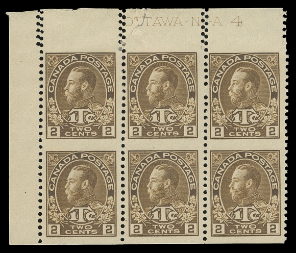 ADMIRAL STAMPS  MR4iv,A corner margin plate 4 block of six imperforate horizontally with complete imprint, well centered and ungummed as issued, displays unusual double lines of perforations in the top margin; top centre stamp with wrinkle ending in a small tear in the margin. A very rare part-perforated plate block, VF; ex. C.M. Jephcott (private sale circa. 1980s)