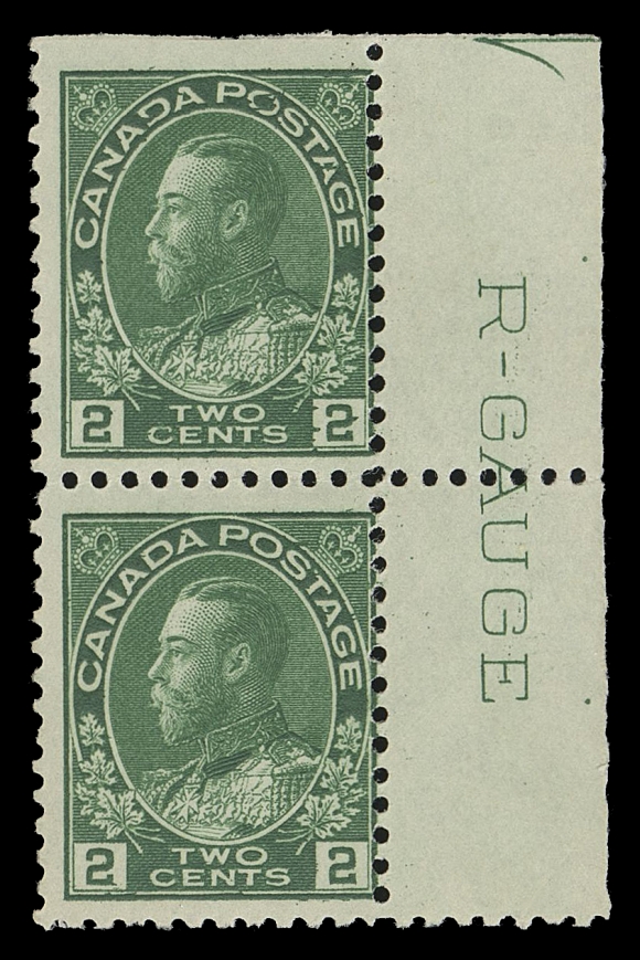 ADMIRAL STAMPS  107vi,A very rare "R-GAUGE" pair, natural straight edge at top with portion of guide arrow in the margin, deep rich colour; only a few "R-GAUGE" imprints are known on the 2 cent stamp (no blocks exist), Fine LH (Unitrade cat. is for a pair)Provenance: Robert Bayes (private treaty, circa. 1996), Item 123