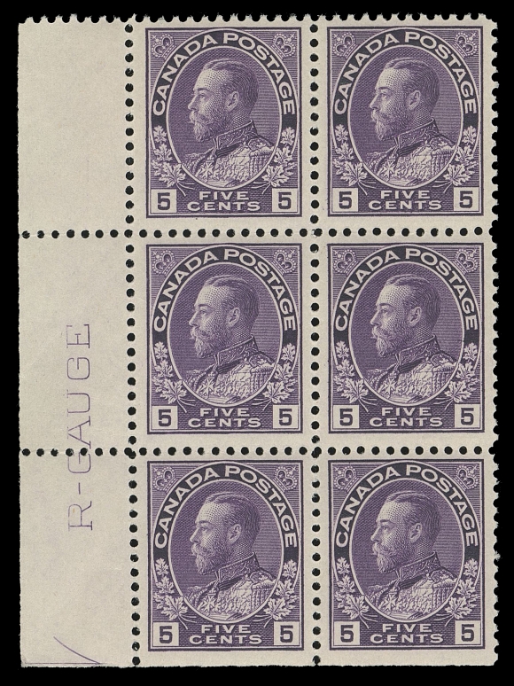 ADMIRAL STAMPS  112vi,A superb fresh mint block of six showing "R-GAUGE" imprint reading up in left margin, very well centered for this, brilliant fresh colour and full pristine original gum. A wonderful block in superior condition, VF+ NH Provenance: The "Lindemann" Collection (private treaty, circa. 1997)Several different denominations (from many different plates) exist with an "R-GAUGE" imprint. However, only the Five cent violet shows it on the left margin - reading up - found only on Plate 22, both on regular and thin papers. All other "R-GAUGE" imprints show in the right margin and read down. 