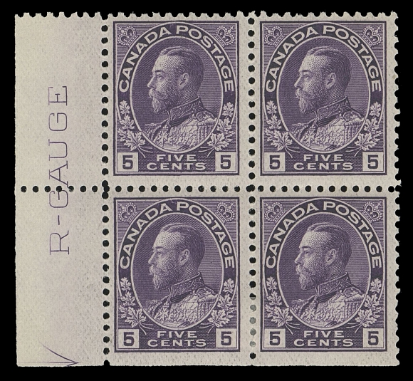 ADMIRAL STAMPS  112a, vi,A very scarce block showing "R-GAUGE" imprint reading up in left margin, from Plate 22, a few split perfs at foot strengthened by a small hinge, fresh and very seldom seen, F-VF LH