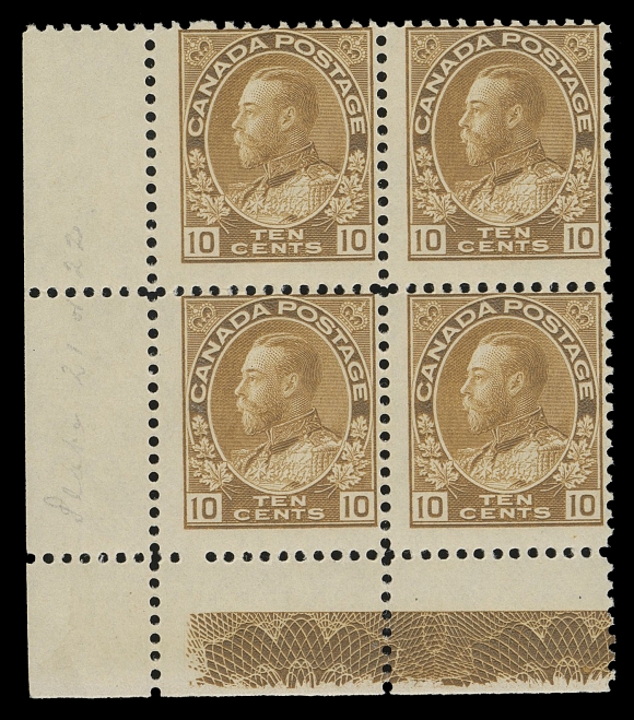 ADMIRAL STAMPS  118,A rare mint corner margin block displaying sharp, centered high resulting in full strength Type D lathework, some perf separation in margin at foot, brilliant fresh colour, faint trace of hinging on top pair, otherwise NEVER HINGED. A mere eight Ten cent bistre brown lathework blocks are recorded and as far as we know, none exists with all stamps NH. One of the key lathework items of the Admiral issue, Fine (Unitrade cat. $10,000 as two fine NH singles)