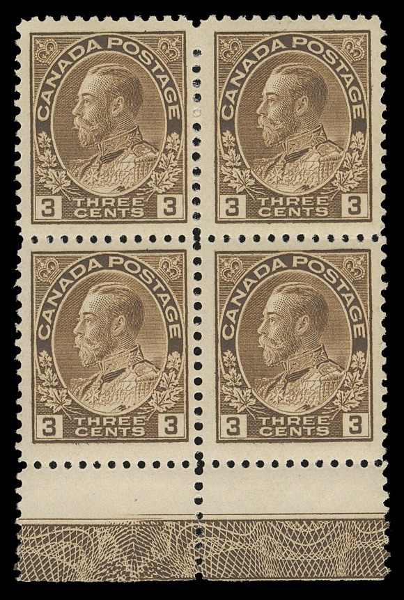 ADMIRAL STAMPS  108b,An exceptional mint block with fresh, bright colour, displaying complete, unusually full strength Type B lathework, prominent doubling (5mm wide) on left side, LH on top pair, otherwise NH; a great shade with the elusive double lathework variety, VF+ LH