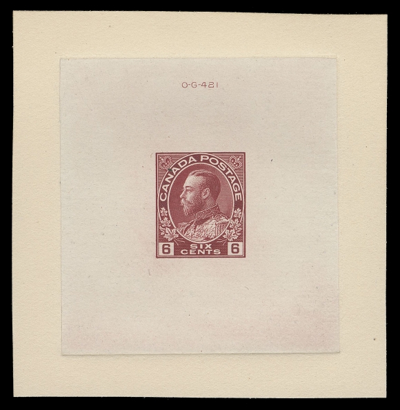 ADMIRAL PROOFS  113,Die Essay, prepared but never issued, engraved and printed in carmine on india 55 x 59mm, die sunk on slightly larger card 75 x 77mm; hardened die showing die "OG-421" number above design. In immaculate condition; rare and desirable, XF (Minuse & Pratt E-1a, unlisted in this colour)