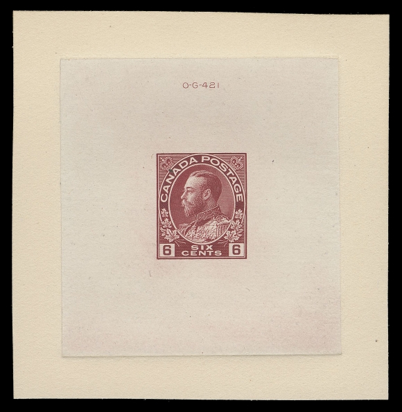 ADMIRAL PROOFS 113,Die Essay, prepared but never issued, engraved and printed in carmine on india 55 x 59mm, die sunk on slightly larger card 75 x 77mm; hardened die showing die "OG-421" number above design. In immaculate condition; rare and desirable, XF (Minuse & Pratt E-1a, unlisted in this colour)