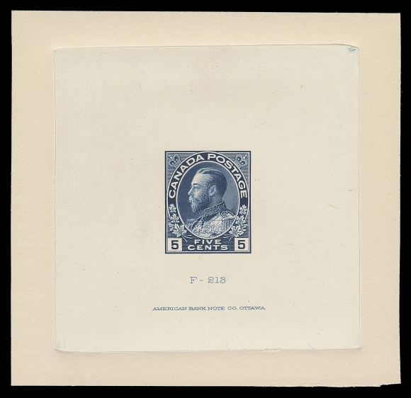 ADMIRAL PROOFS  111,Die Proof printed in the first issued colour on india paper 63 x 63mm, die sunk on slightly larger card 81 x 78mm; the hardened die with die number "F-213" and ABNC imprint (23.5mm wide) shown below design. A beautiful and very scarce proof in pristine condition, VF (Minuse & Pratt 111 A P1)