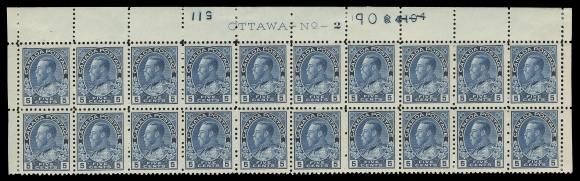 ADMIRAL STAMPS  111b,A lovely mint upper Plate 1 block of twenty in a fabulous bright shade, printing order numbers "84" and "104" defaced by hand-punching with new number "115" at left; gum wrinkle on one stamp, lower left and right stamps hinged leaving eighteen NH, in a remarkable state of preservation for such an early plate of this key Admiral stamp, F-VF (Unitrade cat. $13,100)Provenance: C.M. Jephcott, Maresch Sale 241, June 1990; Lot 788