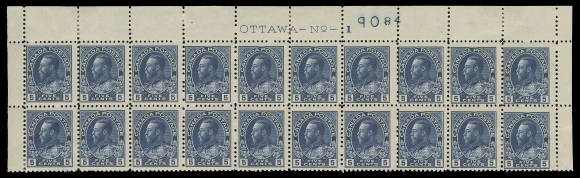 ADMIRAL STAMPS  111a,A very rare mint Plate 1 block of twenty of this sought-after and elusive first printing, order "84" at right, centered left, diagonal crease touching last four stamps of second row, lower corner pairs hinged leaving sixteen NH. One of the toughest shades of the Admiral series to find in a large plate strip, extremely rare, Fine OG / NH (Unitrade cat. $7,280)Provenance: C.M. Jephcott, Maresch Sale 241, June 1990; Lot 786