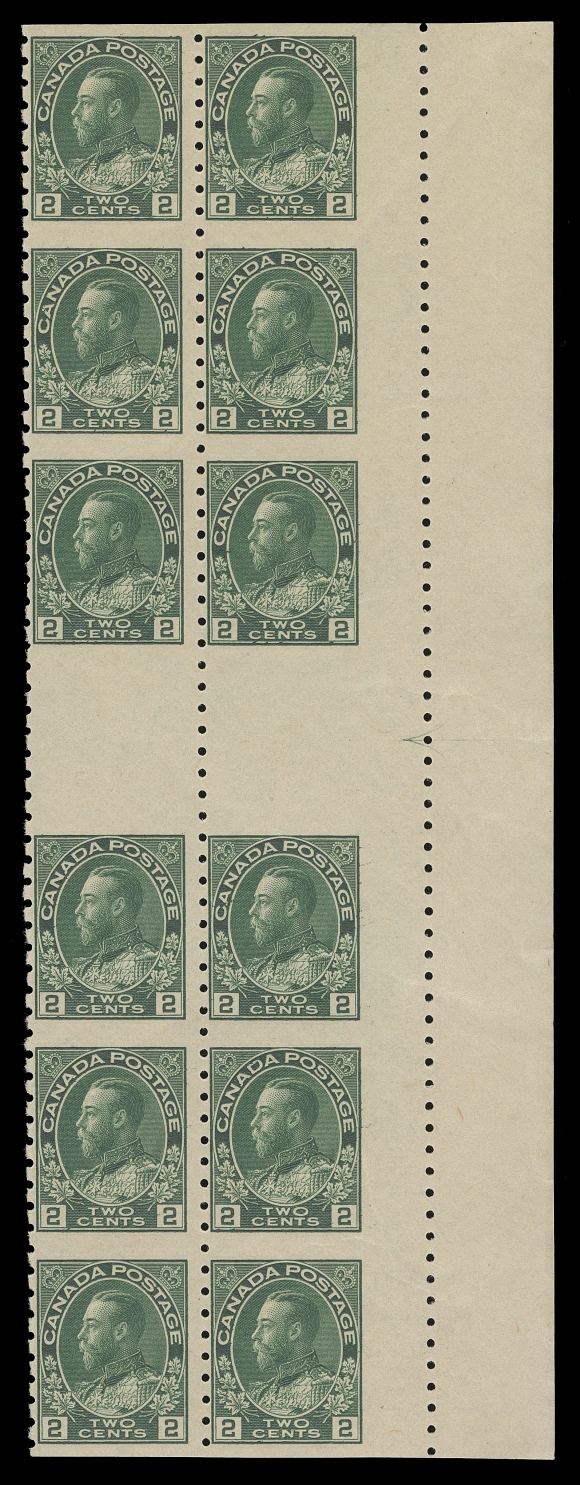 ADMIRAL STAMPS  126ii, 128ii, 130ii,The magnificent, UNIQUE right margin interpanneau gutter margin blocks of twelve. Guide arrows indicate where sheets were to be guillotined. Quite well centered in characteristic deep colours, intact perforations; 3c with natural gum wrinkles. Three to four stamps in each from top and bottom rows lightly hinged leaving the key gutter blocks of eight NEVER HINGED. A truly remarkable set that seldom appears in the marketplace, in fact this set was last offered over 30 years ago. One of only five known sets, this set being one-of-a-kind with the right margins and guide arrows, VFProvenance: Frederick T. Norris Collection, Sissons Sale 52, September 1950; Lot 425-427Clare M. Jephcott, Maresch Sale 241, June 1990; Lot 961
