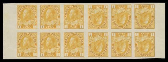 ADMIRAL STAMPS  105c, 107d, 109b,A fabulous set of imperforate tête-bêche booklet panes - the One cent yellow Die I and Two cent green in two panes of six and the Three cent carmine Die I in two panes of four. BY FAR THE RAREST SUCH IMPERFORATES OF CANADA AS ONLY SEVEN SETS EXIST.The One cent and Three cent panes are without gum as are all known booklet panes, large margined and in an excellent state of preservation. The Two cent possesses full original gum, hinged, with a couple minor gum thins and slight gum disturbance; it is however superior to other existing panes which have noticeable faults such as gum problems and creases; VFOnly seven sets exist. Thanks to Leopold Beaudet