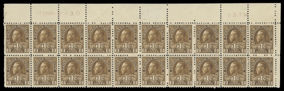 ADMIRAL STAMPS  MR4,Upper Right mint Plate 30 block of twenty, unusually well centered, deep rich colour, light pencil number in margin, end pairs very lightly hinged leaving sixteen NH, VF (Unitrade cat. $2,080)