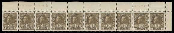 ADMIRAL STAMPS  MR4,Upper Right mint Plate 43 strip of ten, well centered, rich colour, hinged in selvedge only, stamps VF NH (Unitrade cat. $1,200)The "OTTAWA - No - A" imprint has been re-entered with clear doubling of all letters. Unusual.