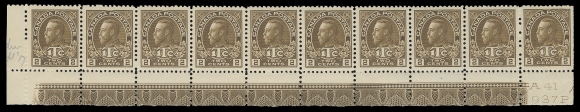 ADMIRAL STAMPS  MR4,A fresh, well centered, lower left strip of ten, "A41" imprint and printing order number "937P" below Position 100 and strong, full Type A lathework on others, prominent double lathework (12mm wide) below Position 97, end stamps hinged leaving eight lathework stamps including the key double NH, penciled "Aprl 17" date of acquisition in left sheet margin, VF (Unitrade cat. $3,340)