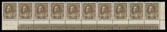 ADMIRAL STAMPS  MR4,A very well centered lower right strip of ten in a beautiful darker shade, "A42" imprint and printing order number "937P" below Position 91 and strong, full Type A lathework on others, showing DOUBLE lathework (5mm wide) below Position 98, lightly hinged on left-hand stamp and right margin leaving all nine lathework stamps including the key double NH, attractive, VF (Unitrade cat. $3,420)