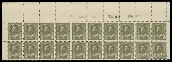 ADMIRAL STAMPS  119d,An outstanding early printing mint Plate 1 block of twenty, showing initial printing order numbers "87" and "101" defaced by hand-punching, replaced with "117" at right, remarkably well centered for such a large multiple, thirteen stamps NEVER HINGED. A spectacular Admiral plate block of this key stamp, by far the largest recorded plate multiple of this elusive shade, VF (Unitrade cat. $17,700)Provenance: Clare M. Jephcott, Maresch Sale 241, June 1990; Lot 896