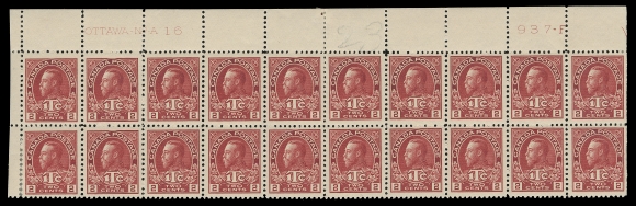 ADMIRAL STAMPS  MR3a,Upper Left mint Plate 16 block of twenty of the scarcer die in the distinctive deeper shade, vertical end pairs hinged, lightened pencil number in selvedge, a few split perfs strengthened by hinge. Remarkably well centered for such a large multiple with sixteen stamps NEVER HINGED. A rare Die II plate block; only a few exist of (either Plate 15 or 16), this being the largest reported of Plate 16, VF OG / NH (Unitrade cat. $20,800)