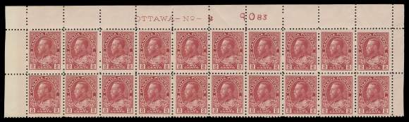 ADMIRAL STAMPS  106c,A very appealing and unusually choice Upper Left mint Plate 2 block of twenty, printing order number "83" at right, third stamp in top row with tiny spot of glazed gum, otherwise NEVER HINGED. A beautiful plate block in a lovely colour closely resembling the pink shade, VF (Unitrade cat. $2,400+)