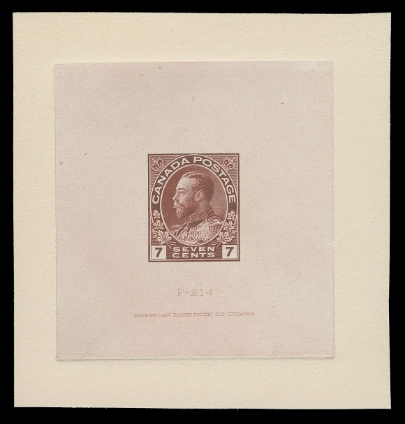 ADMIRAL PROOFS  114,Die Proof in issued colour on india paper 54 x 57mm, die sunk on slightly larger card 74 x 77mm; the hardened die with die number "F-214" and ABNC imprint (23.5mm long) below design; a beautiful proof in pristine condition, VF (Minuse & Pratt 114 A P1a)