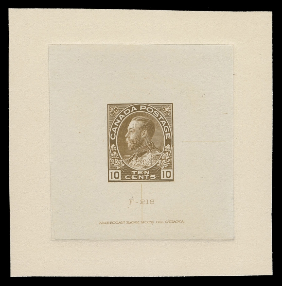ADMIRAL PROOFS  118,Die Proof in issued colour (last colour change) on india paper 50 x 53mm, die sunk on slightly larger card 72 x 72mm; the hardened die showing die number "F-218" and ABNC imprint (23.5mm long) below design; attractive, VF and scarce (Unlisted in Minuse & Pratt)