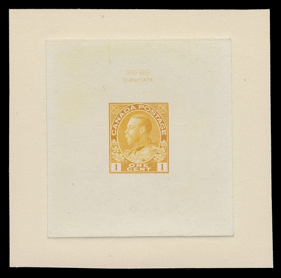 ADMIRAL PROOFS  105,Die Proof in issued colour, the new die on india paper 55 x 59mm, die sunk on slightly larger card 78 x 77mm; the hardened die showing die number "X-G-86" and "DUPLICATE" imprint above design, fresh and VF (Minuse & Pratt 105 C P1a)
