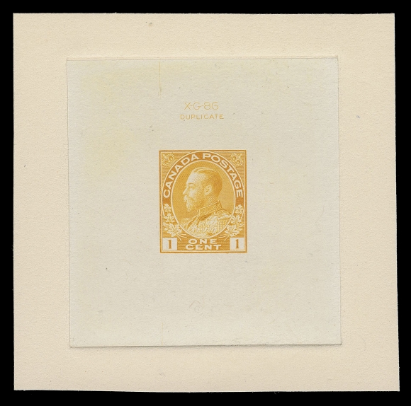 ADMIRAL PROOFS 105,Die Proof in issued colour, the new die on india paper 55 x 59mm, die sunk on slightly larger card 78 x 77mm; the hardened die showing die number "X-G-86" and "DUPLICATE" imprint above design, fresh and VF (Minuse & Pratt 105 C P1a)