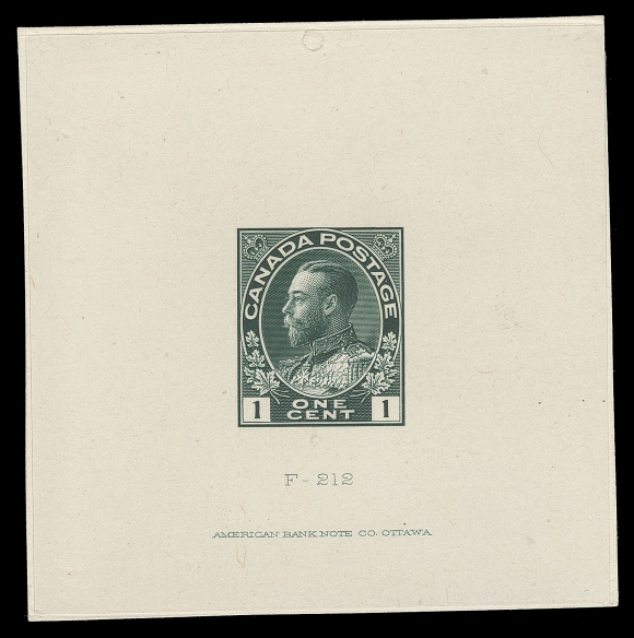 ADMIRAL PROOFS  104,Die Proof printed in the issued colour, the original colour on india paper 63 x 63mm sunk on nearly same-size card showing die sinkage area on all four sides; the hardened die with die number "F-212" and ABNC imprint (23.5mm wide), remarkably fresh and choice, XF (Minuse & Pratt 104 A P1a)