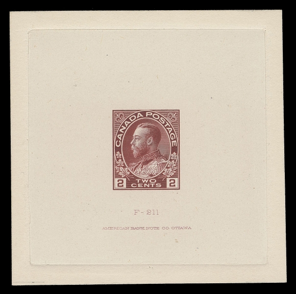 ADMIRAL PROOFS  106,Die Proof printed in the issued colour, with retouched vertical line in upper right spandrel, the original colour on india paper 63 x 62mm, die sunk on slightly larger card 72 x 73mm; the hardened die with die number "F-211" and ABNC imprint (23.5mm wide). A beautiful proof and in pristine condition, XF (Minuse & Pratt 106 A P1a)