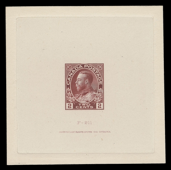 ADMIRAL PROOFS 106,Die Proof printed in the issued colour, with retouched vertical line in upper right spandrel, the original colour on india paper 63 x 62mm, die sunk on slightly larger card 72 x 73mm; the hardened die with die number "F-211" and ABNC imprint (23.5mm wide). A beautiful proof and in pristine condition, XF (Minuse & Pratt 106 A P1a)