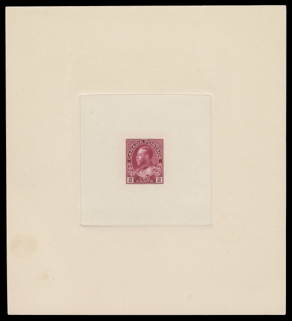 ADMIRAL PROOFS  106,An exceptional Large Die Proof in the issued colour (similar to the intended first printing colour) on india paper 63 x 62mm, die sunk on large card 134 x 147mm, slight ageing on back only. An unhardened die without die number or imprint, very unusual as such and THE FIRST ONE WE RECALL SEEING. A showpiece, VF (Unlisted in Minuse & Pratt)Interestingly enough, this particular unhardened 2c die proof is not even mentioned in the exhaustive Marler handbook, nor listed in Minuse & Pratt - another indication of its great rarity. Since the die of 2 cent Admiral was the first one produced (F-211) in 1911, we have reason to believe this may be the EARLIEST KNOWN DIE PROOF of all denominations of the Admiral series.