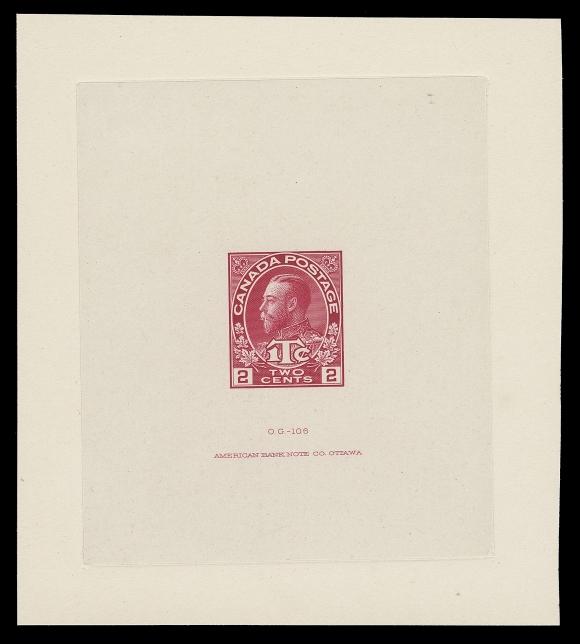 ADMIRAL PROOFS  MR3a,Large Die Proof in the issued colour on india paper 64 x 75mm die sunk on larger card 85 x 95mm; the hardened die with die number "OG-106" and ABNC imprint (23.5mm long) below. An appealing, brilliant fresh example of this rarely seen War Tax proof, XF (Minuse & Pratt Die II unlisted in this colour)