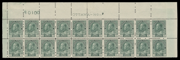 ADMIRAL STAMPS  104b shade + variety,Upper Right mint Plate 7 block of twenty, printing order number "100" at left, quite well centered, sealed tear entirely in margin above Pos. 6 and a few split perfs on bottom centre pair, eighteen stamps are NH; a highly attractive early plate block in an exceptional shade, VF (Unitrade cat. $3,360+ as normal blue green shade)A Strong Re-entry is clearly visible on Position 6, with prominent doubling of both numerals, in lower horizontal & LR corner framelines and marks in "CENT" among other traits; listed and illustrated in Marler (Figure I.12). A remarkable plate variety.Although we are of the opinion that this is of the scarcer grey green (which Unitrade  lists as from Plate 9 only), we have catalogued this plate block as blue green.