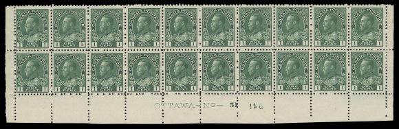 ADMIRAL STAMPS  104,Lower margin Plate 51 block of twenty with printing order number "146" at right, radiant colour in unusual shade among the blue green shades of the period, quite well centered, hinged on six stamps leaving fourteen NH; the only reported Plate 51 multiple according to the Glen Lundeen plate census on the BNAPS website, VF (Unitrade cat. $1,920)