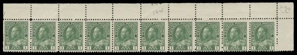 ADMIRAL STAMPS  104e,Matching Upper Right strips of ten without imprints, hand-punched "163" and "164" respectively, former VF and latter Fine, hinged in margin only leaving all stamps NH. Likely the only instance among the 199 plates on the One Cent where a simple plate number was hand-punched on the plate rather than usual plate imprint engraved on the plate; both penciled "July 19 