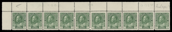 ADMIRAL STAMPS  104e + varieties,Matching Upper Left Plates 161 & 162 strips of ten with printing order numbers, both equally well centered with rich colour on bright fresh paper, LH in top margin leaving all stamps NH; a very attractive duo, penciled on same day "Mch 30 / 21" date of acquisition, VF. (Unitrade cat. $2,400+)The Plate 162, Position 3 shows Re-entry with bottom right "1" numeral doubled; and Position 10 with lesser Re-entry with doubling in lower right box among other traits.