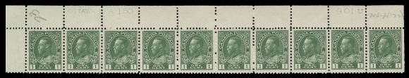 ADMIRAL STAMPS  104, 104e,An appealing group of four strips of ten with consecutive plate numbers: UR Plate 157 and 158 and UL Plates 159 and 160. Three strips well centered and in the yellow green shade, Plate 159 reasonably centered in dark green shade; first two plates hinged on two and four stamps respectively, Plate 158 shows unusual pre-printing paper fold on Position 7; Plate 159 and 160 are LH in selvedge, stamps NH, F-VF (Unitrade cat. $3,820)