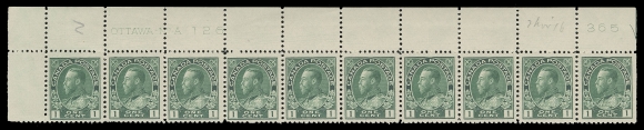 ADMIRAL STAMPS  104,Matching upper left Plates 125 and 126 strips of ten with printing order number at right, both well centered with fresh colour, LH in top selvedge, all stamps NH; both with penciled date of acquisition, latter with "hairlines" variety, VF. (Unitrade cat. $2,400)