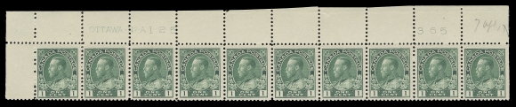 ADMIRAL STAMPS  104,Matching upper left Plates 125 and 126 strips of ten with printing order number at right, both well centered with fresh colour, LH in top selvedge, all stamps NH; both with penciled date of acquisition, latter with "hairlines" variety, VF. (Unitrade cat. $2,400)