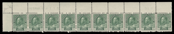 ADMIRAL STAMPS 104,A nice group of four strips of ten with consecutive plate numbers: UL Plate 113, LH in selvedge only, stamps NH; UL Plates 114 and Plate with eight stamps NH; and LR Plate 116 seven stamps NH; first two with printing order number "365" at right and first three plates with "Jan