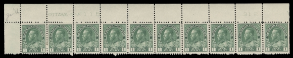 ADMIRAL STAMPS  104,A nice group of four strips of ten with consecutive plate numbers: UL Plate 113, LH in selvedge only, stamps NH; UL Plates 114 and Plate with eight stamps NH; and LR Plate 116 seven stamps NH; first two with printing order number "365" at right and first three plates with "Jan 