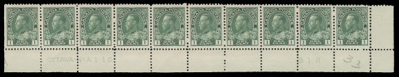 ADMIRAL STAMPS  104,A nice group of four strips of ten with consecutive plate numbers: UL Plate 113, LH in selvedge only, stamps NH; UL Plates 114 and Plate with eight stamps NH; and LR Plate 116 seven stamps NH; first two with printing order number "365" at right and first three plates with "Jan 